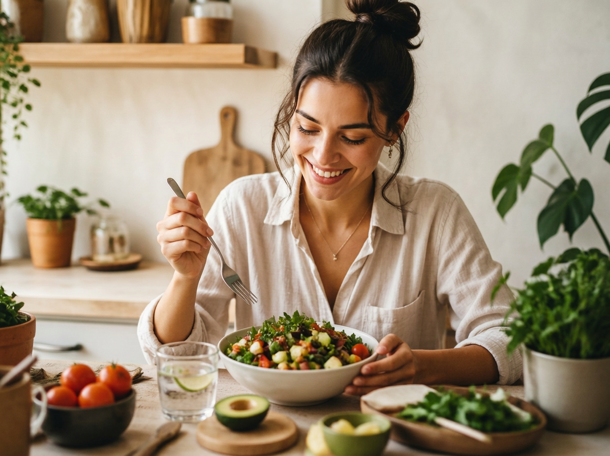 Persona disfrutando de un plato saludable y fresco