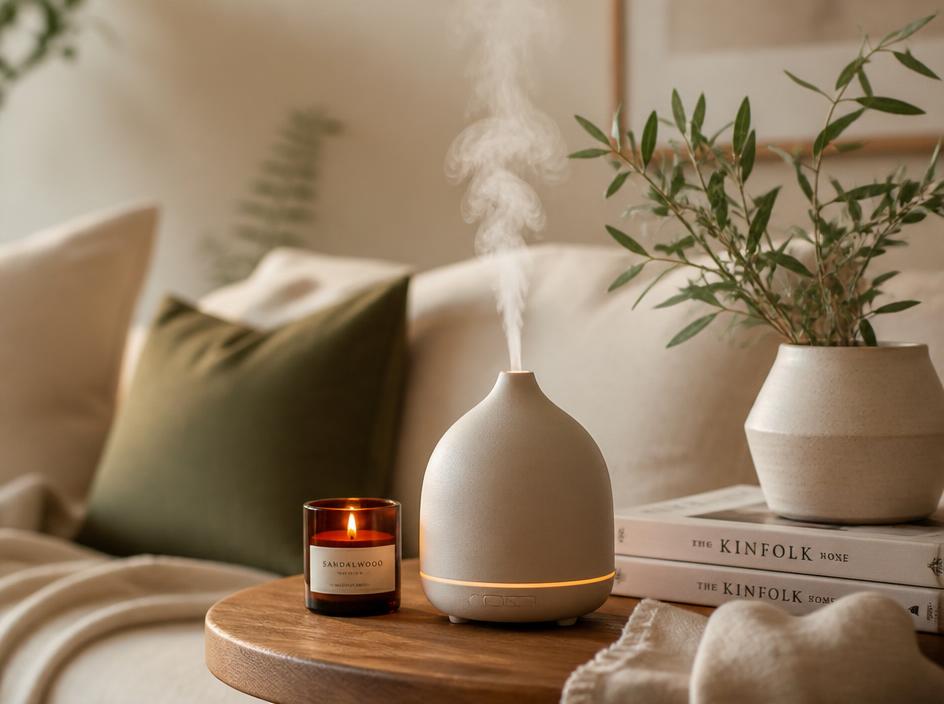 Rincón del hogar con vela encendida y difusor de aromas