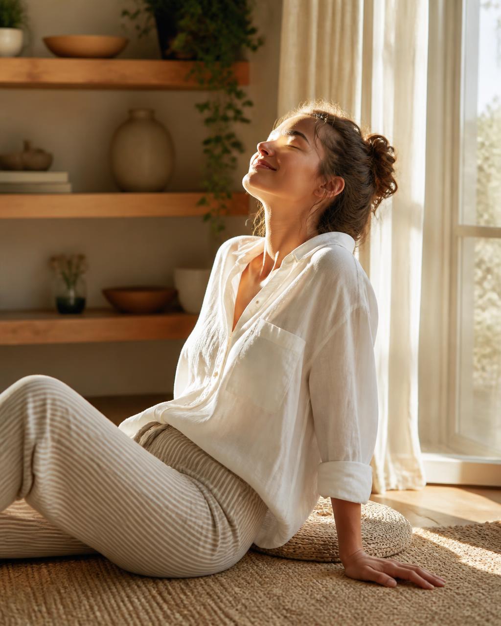 Mujer disfrutando de un momento de paz y luz natural junto a una ventana